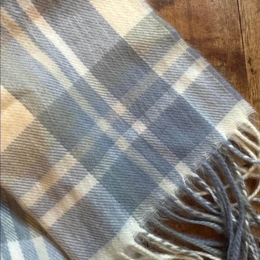 D&Y Soft Plaid Scarf in Blue Cream Tan winter cashmere like